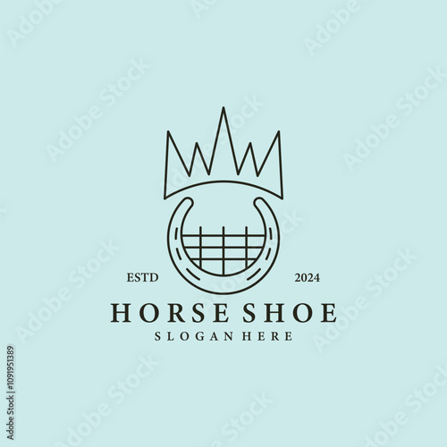 horse shoe line art logo icon and symbol vector illustration minimalist design with fence and crown