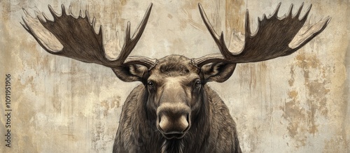 Detailed sketch of a moose with large antlers, rugged fur texture, facing forward 