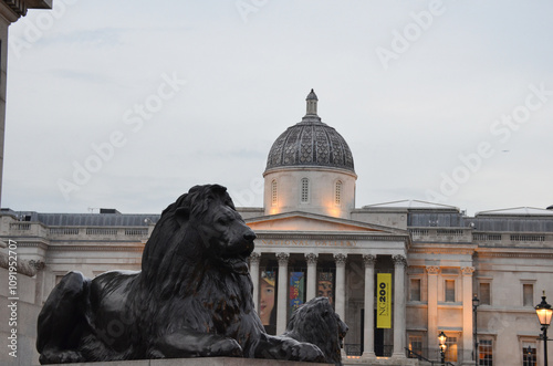 Trafalgar Square lion and National Portrait Gallery. London, England, United Kingdom photo