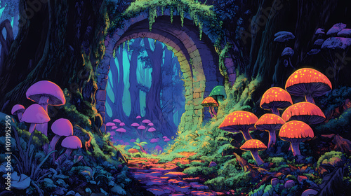 Enchanting hidden alcove nestled in a lush verdant forest featuring a majestic stone archway draped in a cascade of vines and moss bioluminescent mushrooms. Enchanted Mushroom Forest. Illustration
