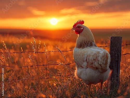 A free range chicken in an open field at sunset. photo