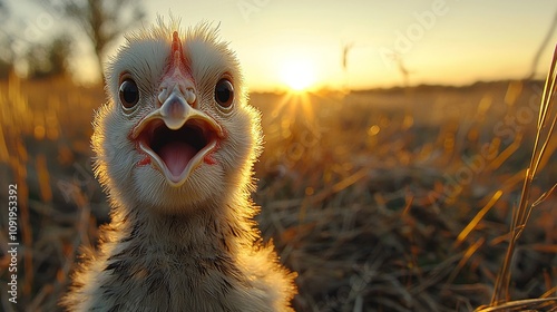 A close up of a funny chicken face in a filed.  photo