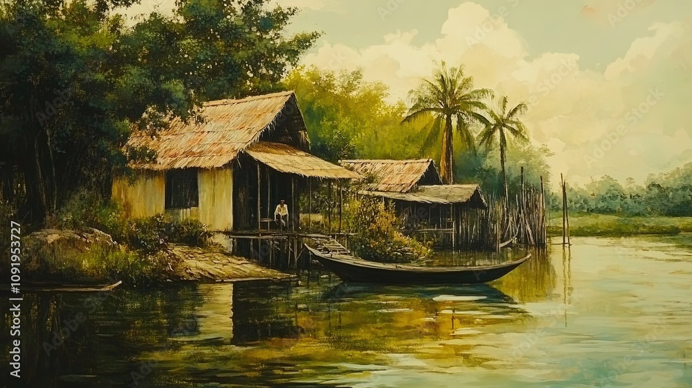 Fototapeta premium Pancing, umpan, garis, gunting, mengapung dan jaring di meja kayu, pandangan atas