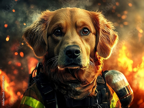 Brave Dog in Firefighter Battling Intense Flames and Thick Smoke, Concept of Heroism, Emergency Response, and Fire Safety, Courage and Resilience in Action