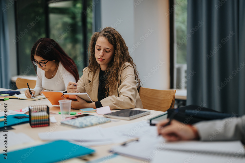 Fototapeta premium Two students are deeply engaged in a classroom activity, taking notes and studying. The environment showcases a collaborative and modern learning space, emphasizing focus and education.