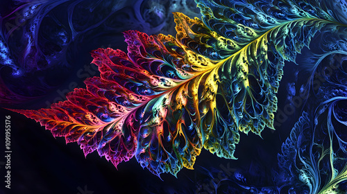 Rainbow Fractal Leaf: Vivid Digital Art, Psychedelic Nature, Colorful Patterns