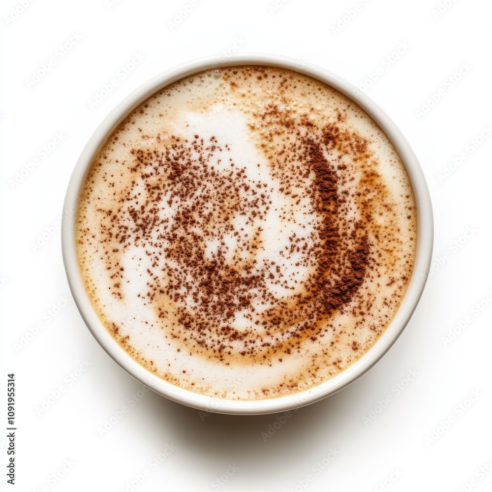 A creamy hazelnut macchiato with hazelnut syrup and a dusting of cocoa powder in a ceramic cup, isolated white background, contemporary art style A creamy hazelnut macchiato with hazelnut syrup and a dusting of cocoa powder in a ceramic cup, isolated white background, contemporary art style