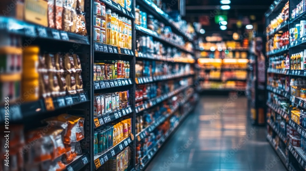 Fototapeta premium Supermarket aisle with colorful products on shelves