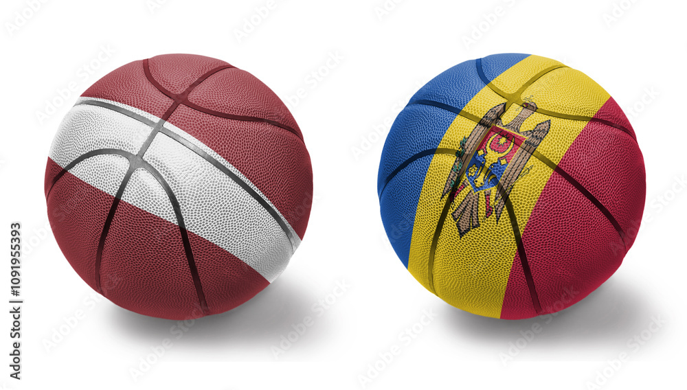 Obraz premium basketball balls with the national flags of moldova and latvia on the white background.