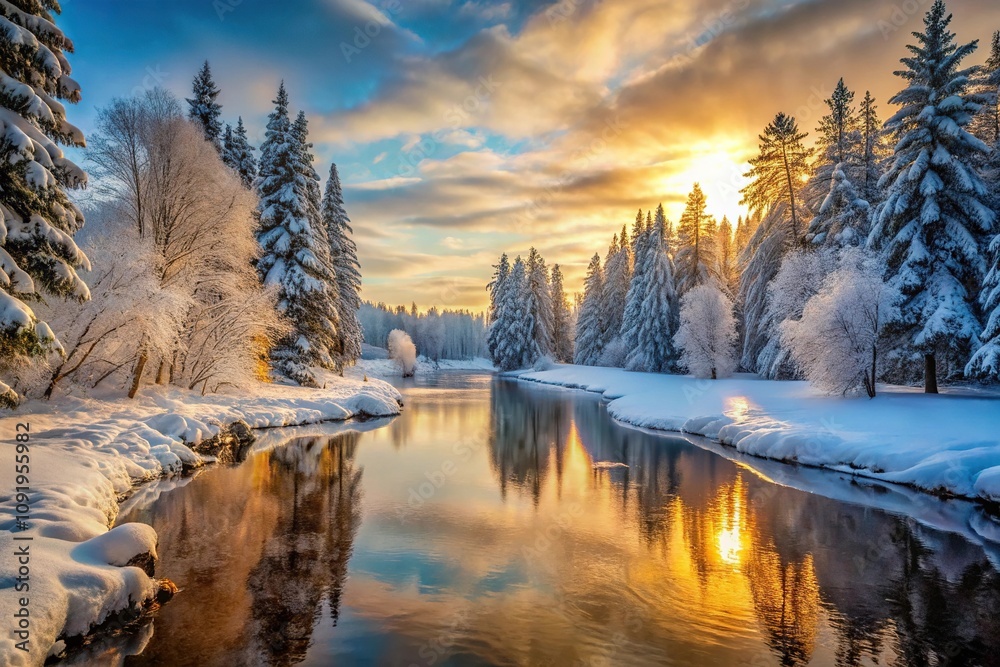 Winter forest landscape with snow covered trees and river at sunset Low Angle Winter forest landscape with snow covered trees and river at sunset Low Angle