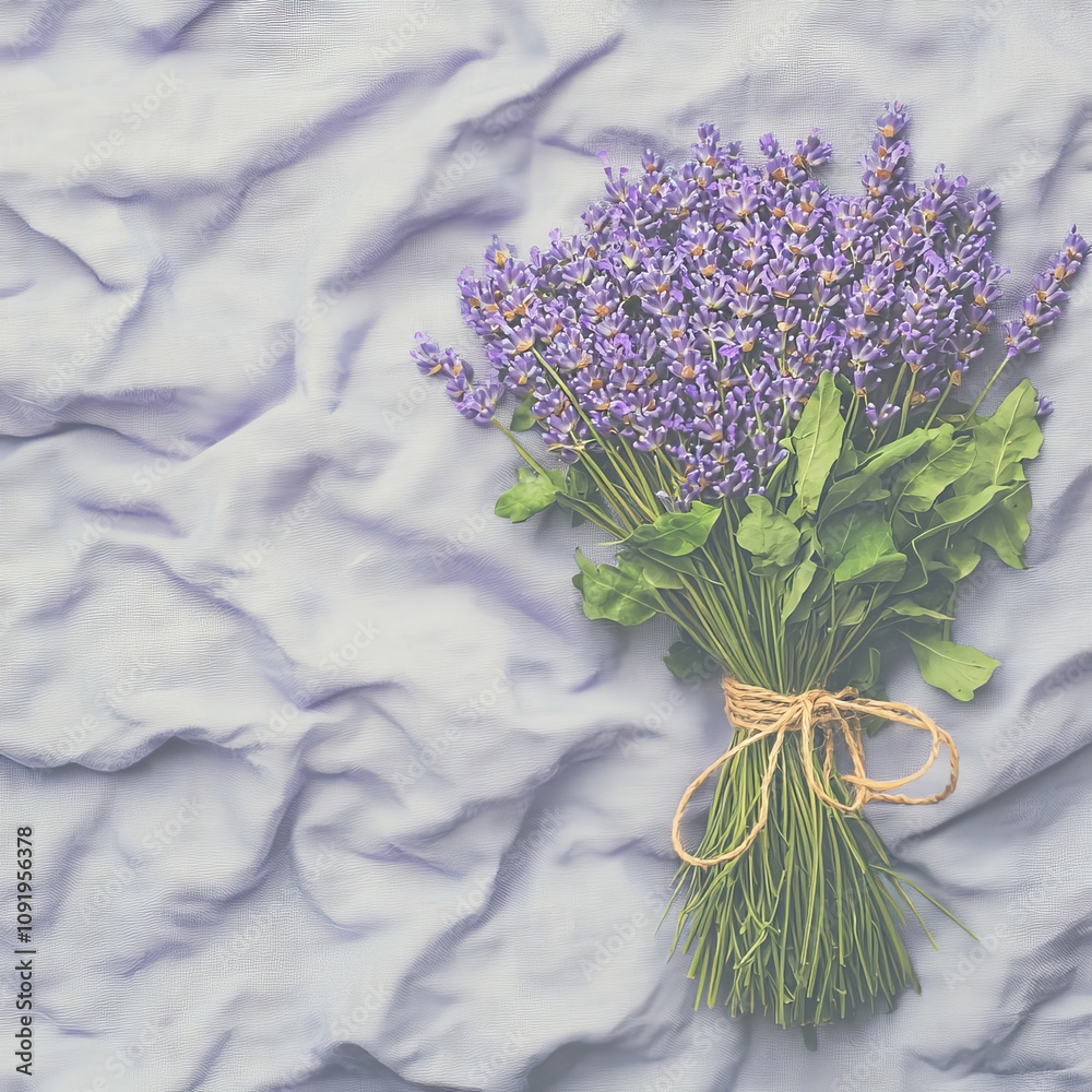Naklejka premium A bouquet of lavender on a textured fabric background.