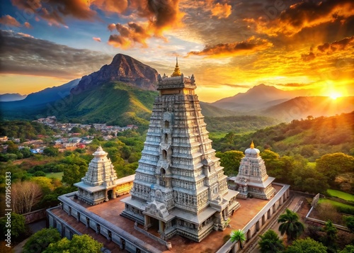 Aerial View of Lord Shiva Holding Trishul at Tiruvannamalai Temple Near Smashan Surrounded by Lush Greenery and Majestic Mountains in a Serene Sunset Setting photo