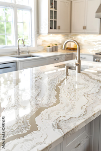 Stunning Installation of Glossy Quartz Countertops with elegant shades in a modern white kitchen