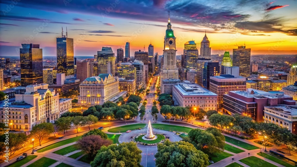 Obraz premium Aerial View of Philadelphia's Iconic Skyline and Love Park Capturing the Heart of the City, Showcasing its Vibrant Streets and Romantic Atmosphere