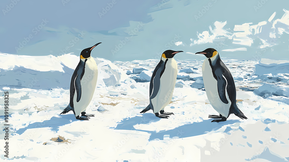Fototapeta premium Penguins on snowy ground. Frozen Arctic Tundra. Illustration
