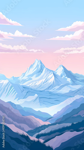 A serene landscape showcasing majestic snow-capped mountains under a pastel sky, evoking tranquility and the beauty of nature.