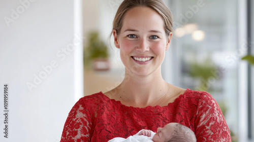 Germany woman holding her newborn baby in hospital smiling with joy to child