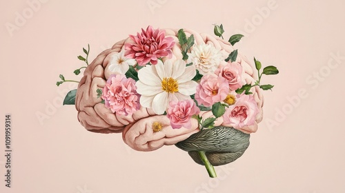 A surreal illustration combining a brain and vibrant flowers, symbolizing the connection between nature and intellect.