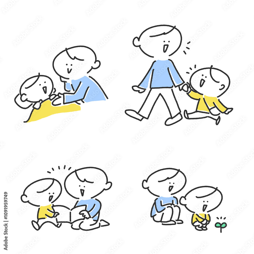 育児を楽しむ父親と息子のセットイラスト 育児を楽しむ父親と息子のセットイラスト