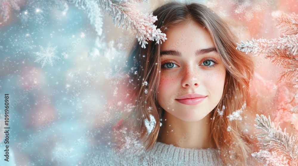 Young woman surrounded by winter scenery. Young woman surrounded by winter scenery.