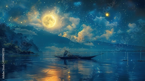 Serene night scene of a lone boatman on a tranquil lake under a large moon and starry sky. photo