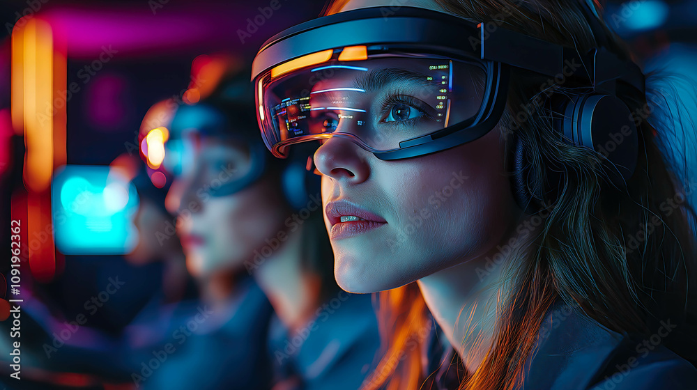 People in a team wear VR glasses, interacting with a futuristic monitor. The concept of teamwork, innovation, and immersive technology. Generative AI. People in a team wear VR glasses, interacting with a futuristic monitor. The concept of teamwork, innovation, and immersive technology. Generative AI.