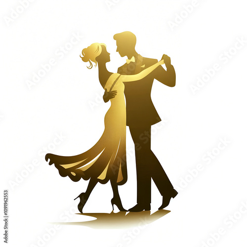 An elegant golden silhouette of a dancing couple, showcasing grace and romance, set against a plain white background.