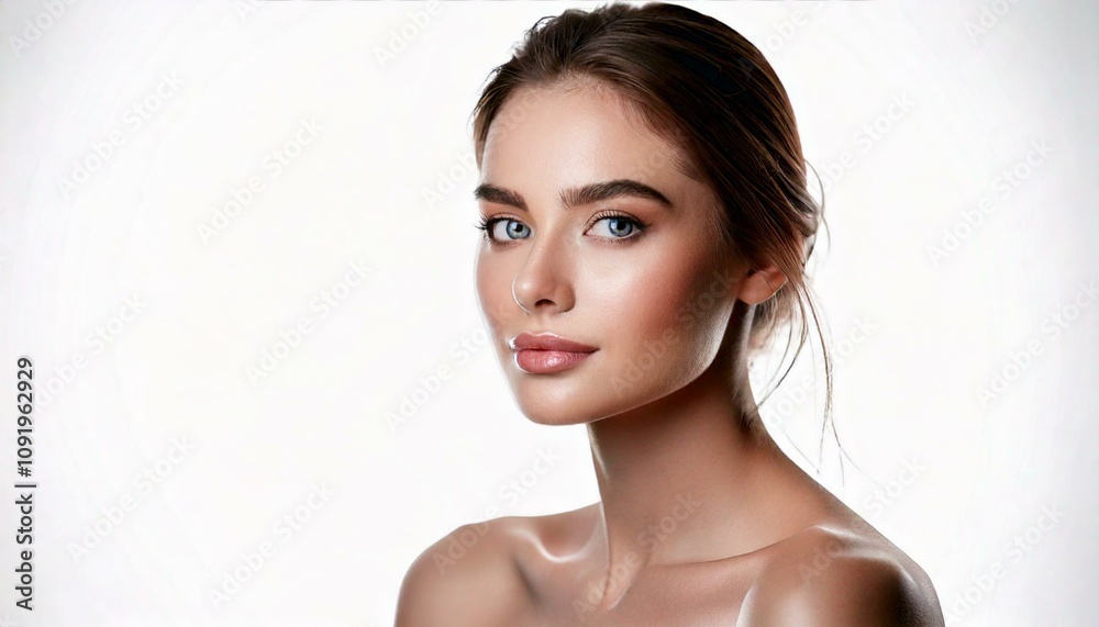 Naklejka premium Beautiful young woman with clean perfect skin. Portrait of beauty skincare model with natural make up, isolated on a white background