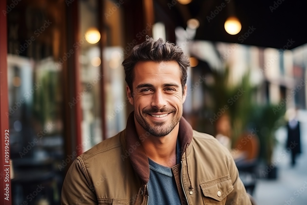 Portrait of a handsome young man smiling at the camera in a street Portrait of a handsome young man smiling at the camera in a street