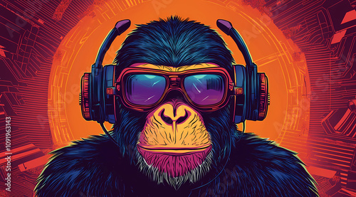 A vibrant vector illustration of an ape wearing headphones and sunglasses, set against the backdrop of a futuristic cyberpunk cityscape photo