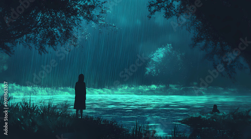 A person standing by the river in a deep forest, on a rainy night, with a cyan color scheme, in the style of anime