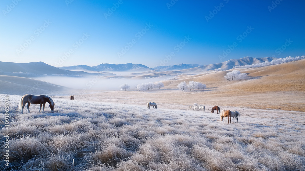 Fototapeta premium 冬の草原で馬が佇む阿蘇の風景