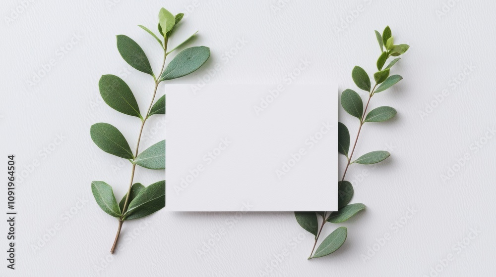 Minimalist flat lay with blank card and green leaves Minimalist flat lay with blank card and green leaves