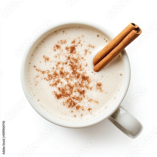 A creamy oat chai with a rich flavor profile and a dash of cinnamon on top, isolated white background, realism art style