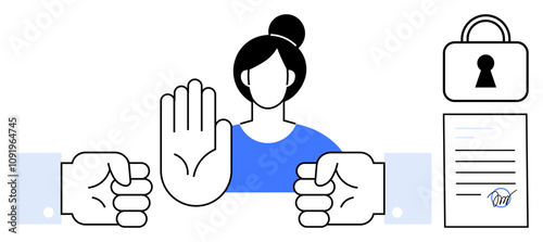 Woman with raised hand stopping two fists, lock, and signed document. Ideal for conflict resolution, security, peace, mediation, negotiation boundaries cooperation. Line metaphor
