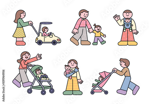 Parents walking with their baby. Strollers, baby carriers and baby cars. outline simple vector illustration.