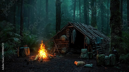 Remote camping site with a wooden cabin and campfire in a dense, misty forest. photo