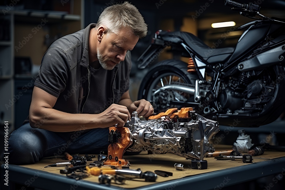 Motorcycle Mechanic Working on Engine Motorcycle Mechanic Working on Engine