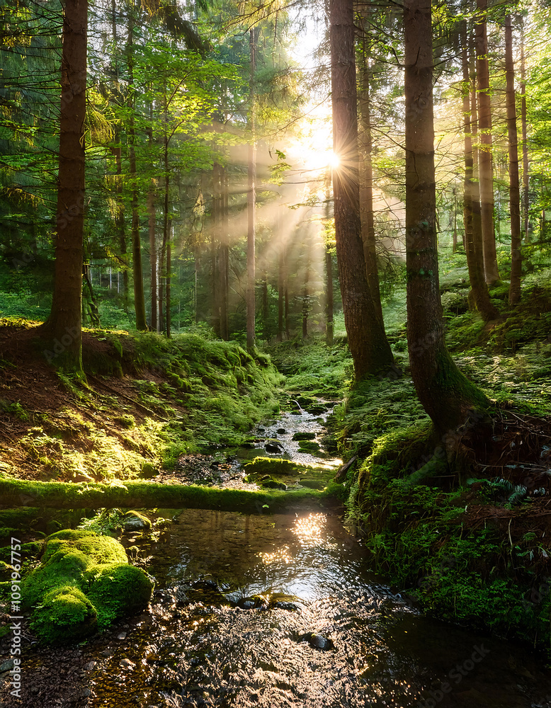 Obraz premium A sunlit forest path winds along a tranquil stream