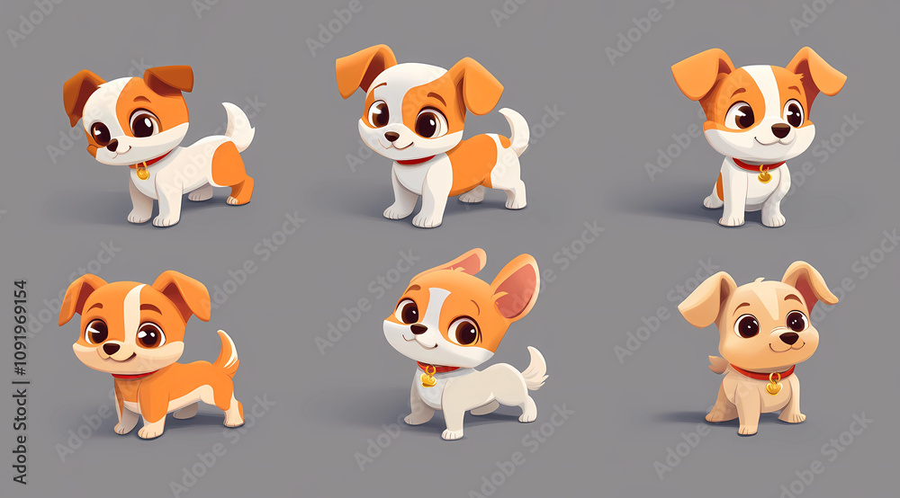 Obraz premium Set of cute cartoon puppies in different poses and expressions, character sheet, 3D render, gray background