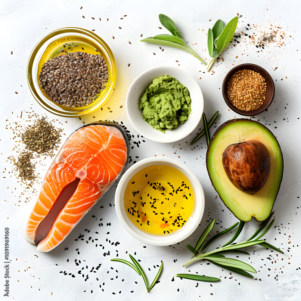 Εκτύπωση καμβά nourishing options for healthy fats: salmon, avocado, oils, and nuts