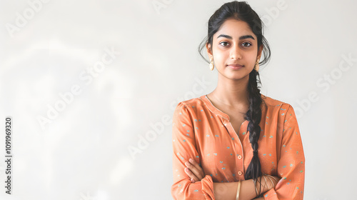 cheerful indian girl standing at home office looking at camera with a white accent, vintage, png