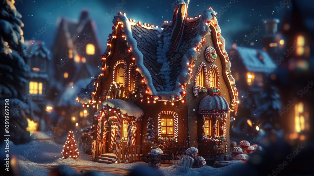 Fototapeta premium Festive Gingerbread House Surrounded by Snowy Landscape with Twinkling Lights and Christmas Decorations, Creating a Cozy and Magical Winter Scene