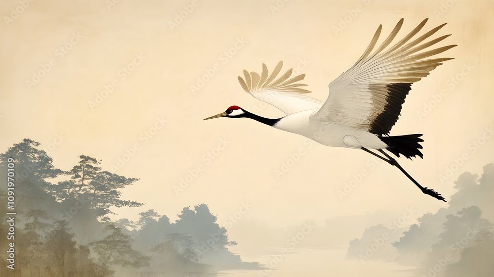 Naklejka premium A red-crowned crane flying gracefully over a Japanese wetland.