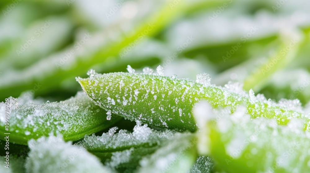 Fototapeta premium Close-Up of Frosted Green Leaves Highlighting Nature's Splendor in Winter, With Ice Crystals Creating a Beautiful Contrast Against Vegetation