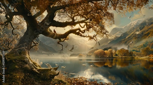 big tree beside a calm river in the afternoon