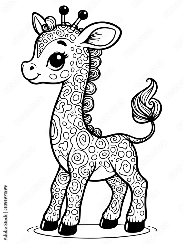 Fototapeta premium Cute baby giraffe with large eyes surrounded by flowers in black and white, generative ai.