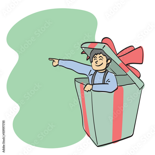 boy in a big gift box pointing on green blank space illustration vector hand drawn isolated on white background