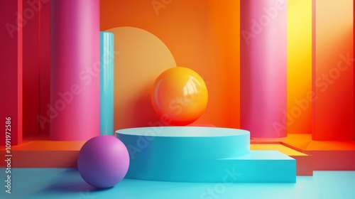 Colorful geometric shapes in vibrant abstract studio setting