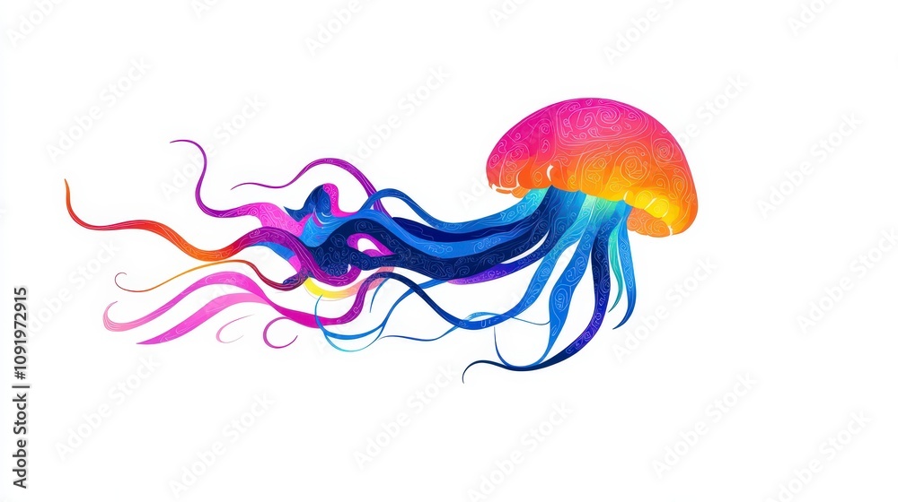 Fototapeta premium Colorful Artistic Jellyfish Illustration with Vibrant Tentacles, Abstract Design in Bright Tones on a White Background for Marine and Ocean Themes